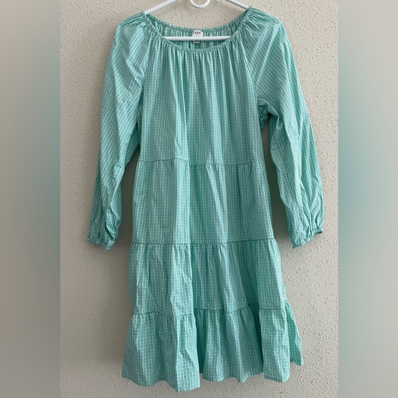 J Crew Factory Women’s Medium Green Gingham Cotton Blend Spring Tiered Dress - Picture 2 of 15